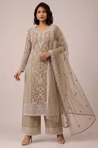 Beige heavy butterfly net cording embroidered designer salwar suit