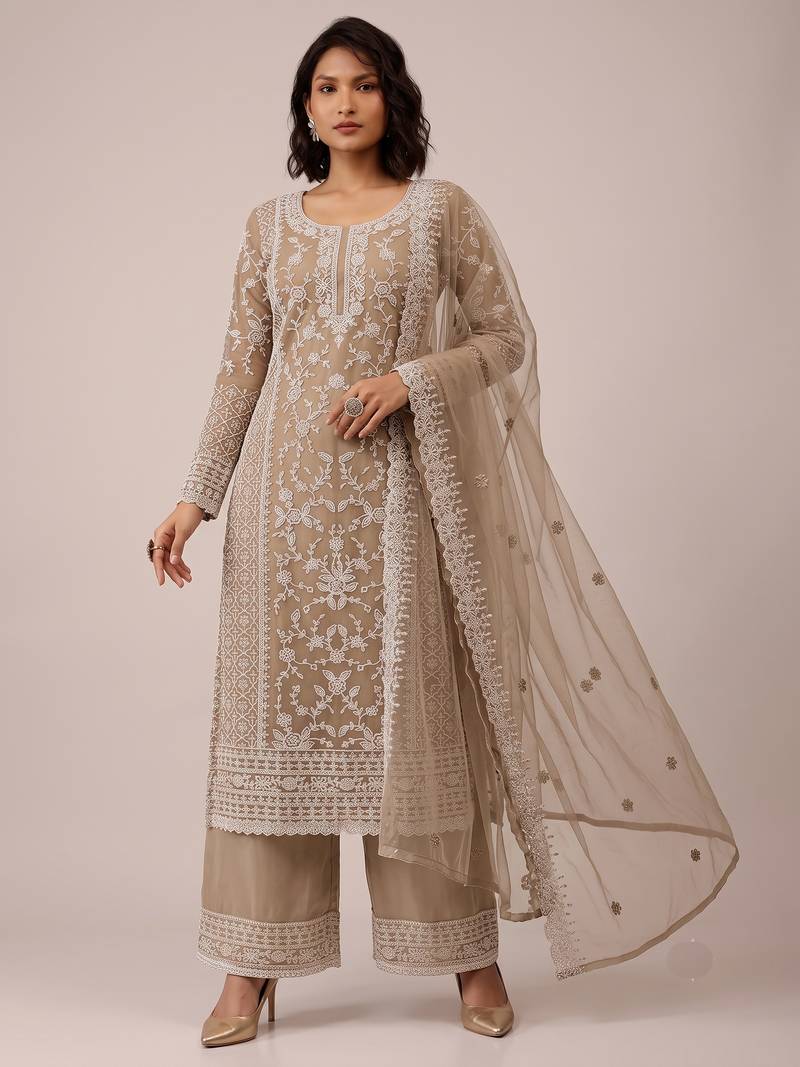 Beige heavy butterfly net cording embroidered designer salwar suit