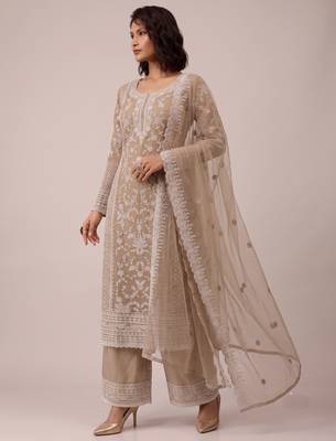 Beige heavy butterfly net cording embroidered designer salwar suit 2