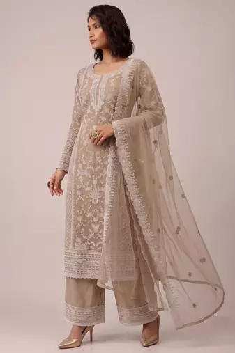 Beige heavy butterfly net cording embroidered designer salwar suit
