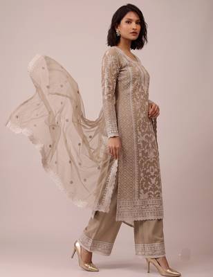 Beige heavy butterfly net cording embroidered designer salwar suit 3