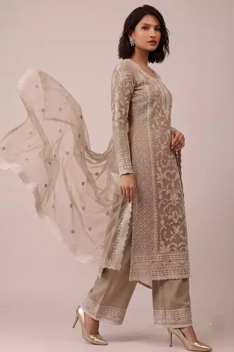 Beige heavy butterfly net cording embroidered designer salwar suit