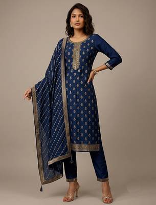 Navy blue jacquard embroidered chinon silk party wear salwar suit 1