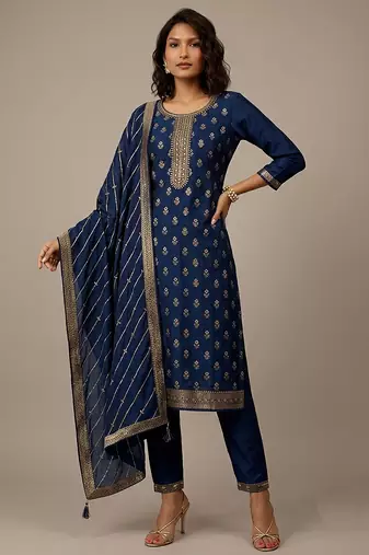 Navy blue jacquard embroidered chinon silk party wear salwar suit