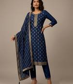 Navy blue jacquard embroidered chinon silk party wear salwar suit