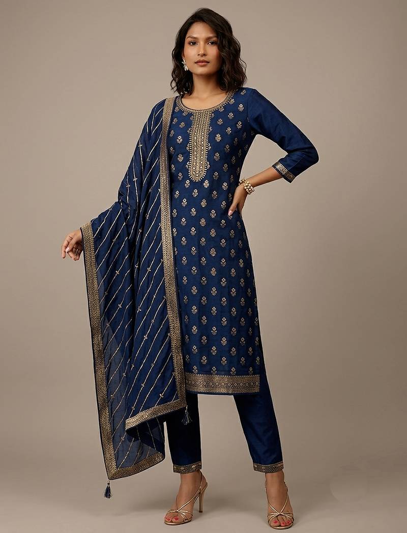 Navy blue jacquard embroidered chinon silk party wear salwar suit