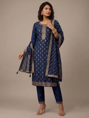 Navy blue jacquard embroidered chinon silk party wear salwar suit 2
