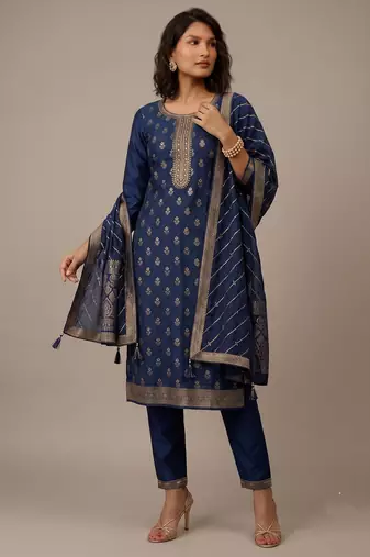 Navy blue jacquard embroidered chinon silk party wear salwar suit