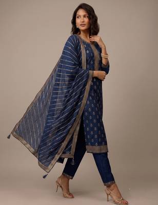 Navy blue jacquard embroidered chinon silk party wear salwar suit 3