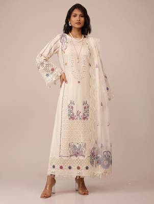 Off white heavy cotton embroidered elegant festive salwar suit 1