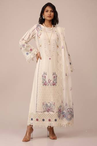 Off white heavy cotton embroidered elegant festive salwar suit