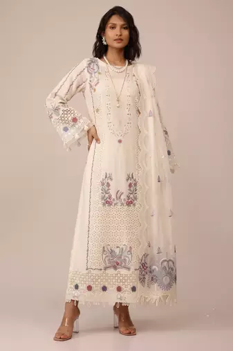 Off white heavy cotton embroidered elegant festive salwar suit