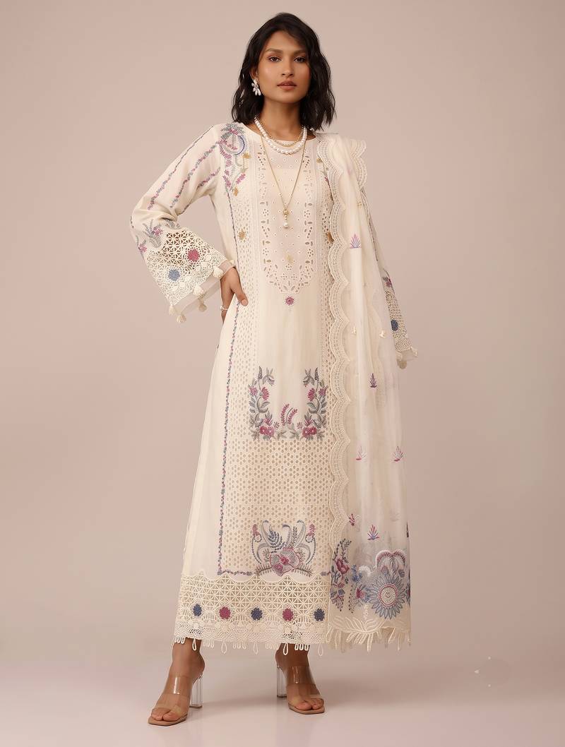 Off white heavy cotton embroidered elegant festive salwar suit