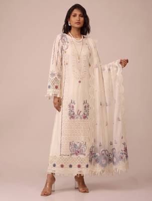 Off white heavy cotton embroidered elegant festive salwar suit 2