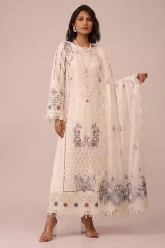 Off white heavy cotton embroidered elegant festive salwar suit