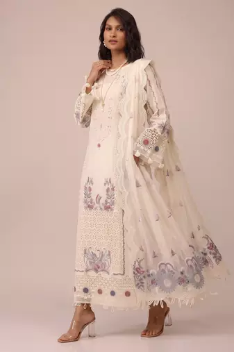 Off white heavy cotton embroidered elegant festive salwar suit