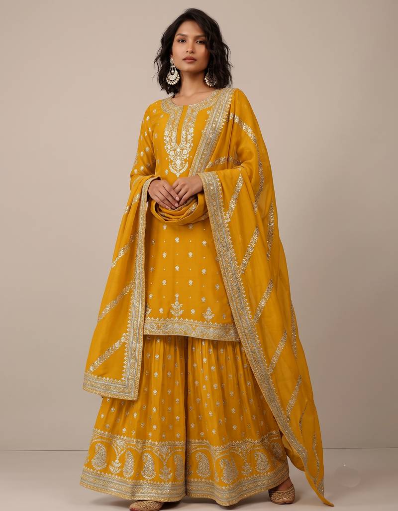 Yellow heavy silk blend  classic embroidered party wear salwar suit