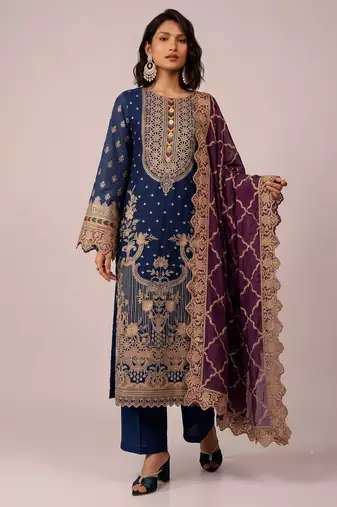 Navy blue heavy fox georgette multi thread hand embroidered salwar suit