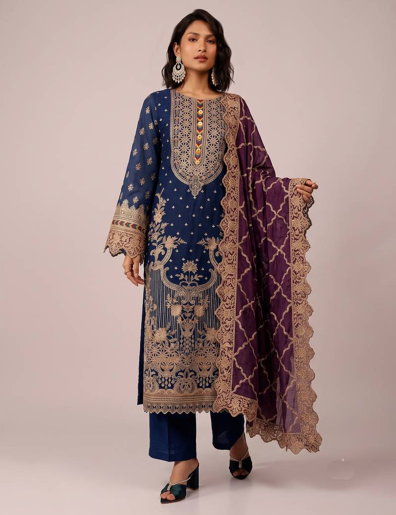Navy blue heavy fox georgette multi thread hand embroidered salwar suit