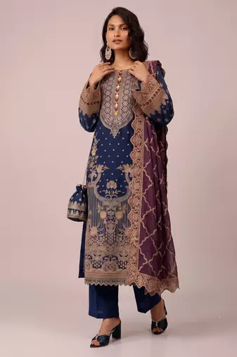 Navy blue heavy fox georgette multi thread hand embroidered salwar suit