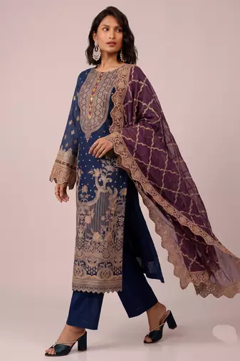 Navy blue heavy fox georgette multi thread hand embroidered salwar suit