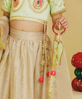 Green beige embroidered tissue organza lehenga set 2