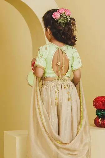 green beige embroidered tissue organza kids lehenga set