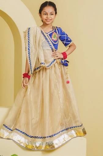 Blue beige embroidered tissue organza lehenga set