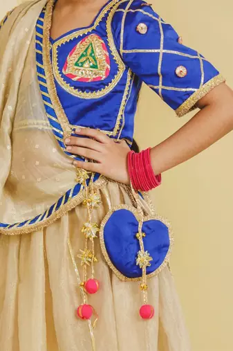 Blue beige embroidered tissue organza lehenga set