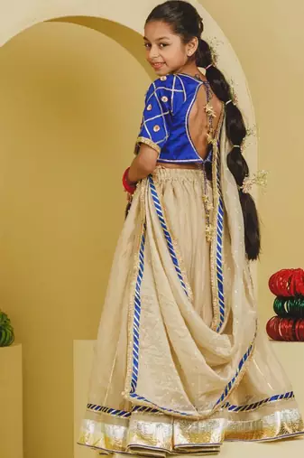 Blue beige embroidered tissue organza lehenga set