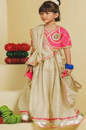 Pink beige embroidered tissue organza lehenga set