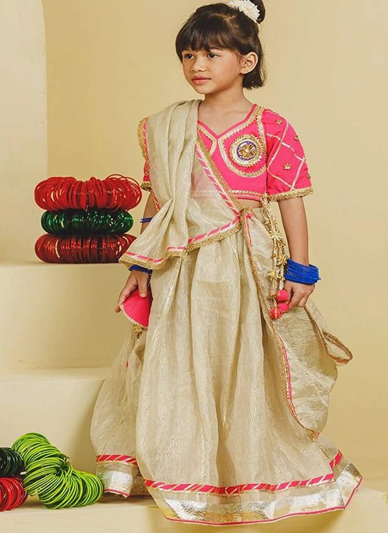 Pink beige embroidered tissue organza lehenga set