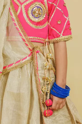 pink beige embroidered tissue organza kids lehenga set