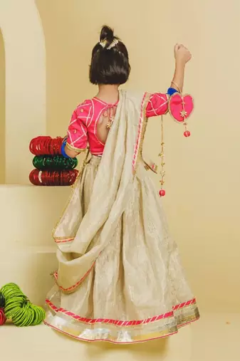 pink beige embroidered tissue organza kids lehenga set