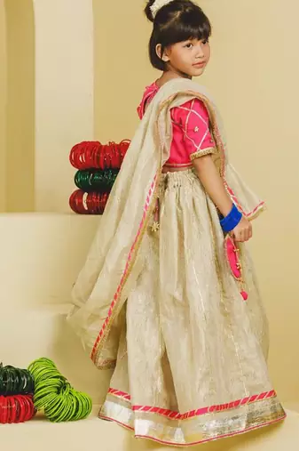 pink beige embroidered tissue organza kids lehenga set