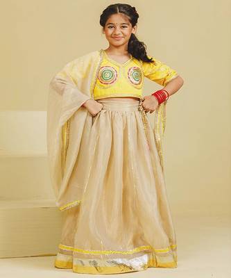 Yellow beige embroidered tissue organza lehenga set 1