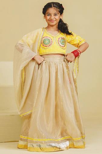 Yellow beige embroidered tissue organza lehenga set