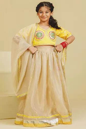 Yellow beige embroidered tissue organza lehenga set
