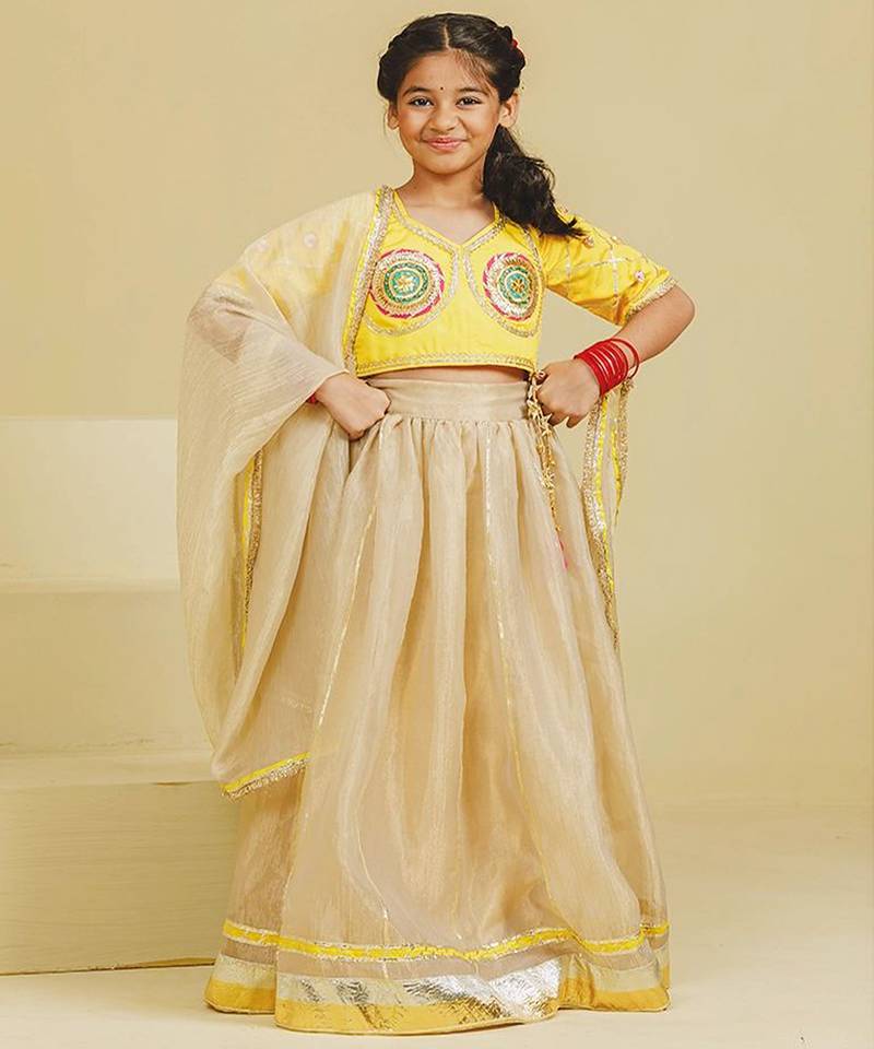 Yellow beige embroidered tissue organza lehenga set