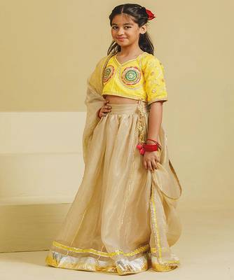 Yellow beige embroidered tissue organza lehenga set 2