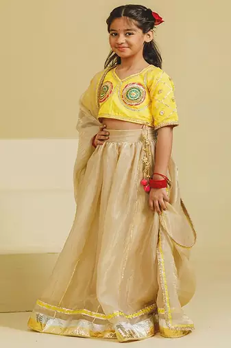 yellow beige embroidered tissue organza kids lehenga set