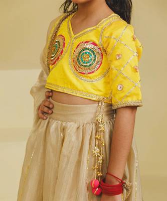 Yellow beige embroidered tissue organza lehenga set 3