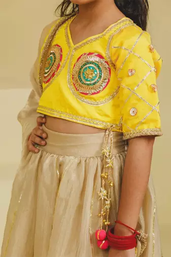 yellow beige embroidered tissue organza kids lehenga set