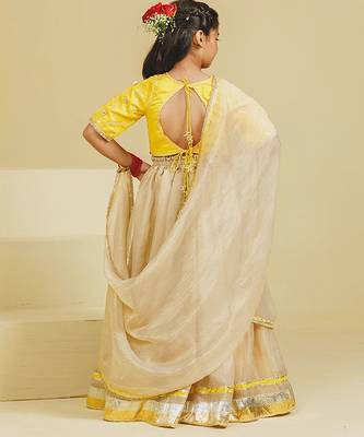 Yellow beige embroidered tissue organza lehenga set 4