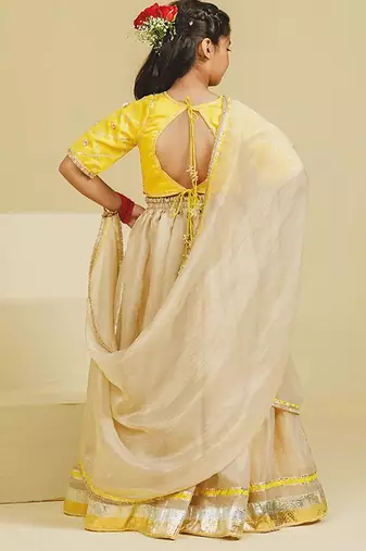 yellow beige embroidered tissue organza kids lehenga set