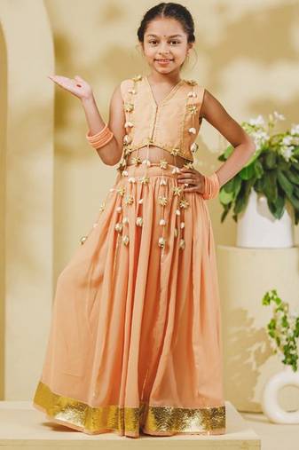 Peach embroidered georgette lehenga set