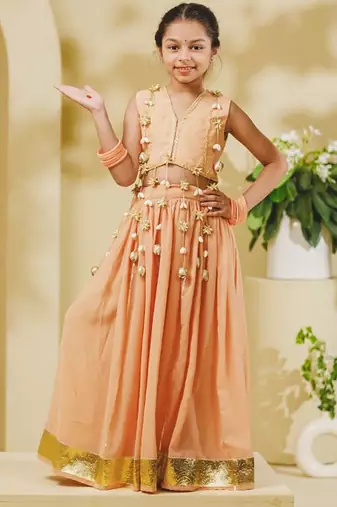 Peach embroidered georgette lehenga set