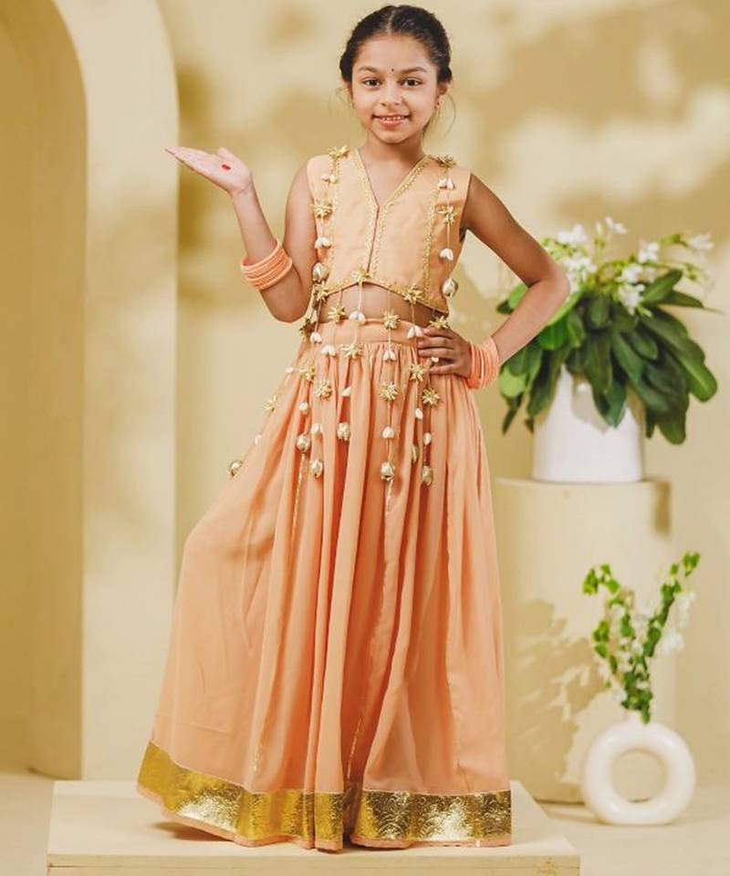 Peach embroidered georgette lehenga set