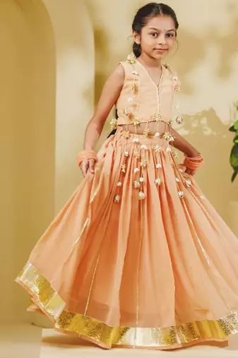 peach embroidered georgette girls lehenga set