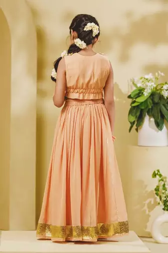 peach embroidered georgette girls lehenga set